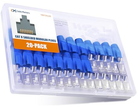 Cable Matters 20er-Pack 23-24AWG abgeschirmte Cat8 RJ45 Stecker | RJ45 Durchgangsstecker Cat8, 40Gbps, Aderführung und Zugentlastungstüllen, nicht kompatibel mit 22AWG-Kabel