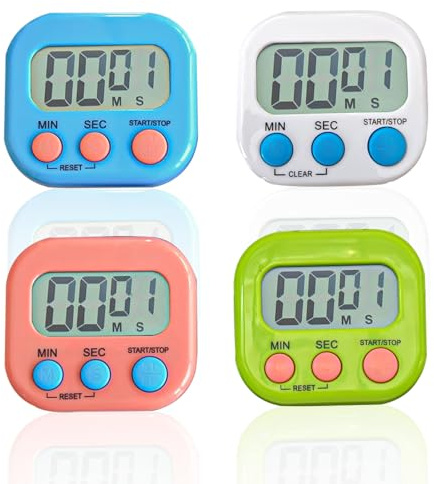 4 Stück Magnetisch Stoppuhr Timer: Nizirioo 4 Farben Digitaler Küchentimer mit Uhr mit Großem LCD-Display Stumm für Küchen, Büros, Sport (Batterien Nicht Enthalten)