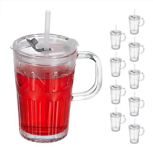 Relaxdays Trinkgläser 10er Set, Getränkebecher mit Deckel & Strohhalm, Eisteebecher 450 ml, Saftglas Henkel, transparent