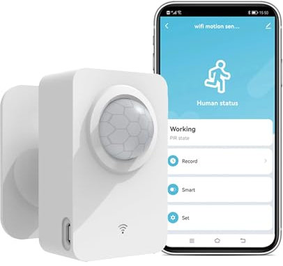 Sensore di movimento wireless WiFi: rilevatore di movimento PIR intelligente con notifiche app e monitoraggio remoto, alimentato a batteria o USB, compatibile con i comandi vocali di Alexa