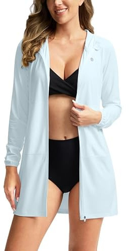Women's UPF 50+ Swim Cover Up Sun Protection Hoodie Long Jacket SPF Lightweight Beach Cover Ups for Women(Light Blue,XL)