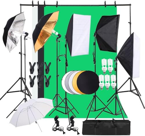 LEADZM Fotostudio-Set, Greenscreen-Set 2Mx3M mit 45W LED-Fotolampe, Reflektor und Fotoschirmen für Produkt-, Porträt-, Video- und Fotografie