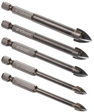 Kozelo 5pcs Masonry Drill Bit Set - [ 4mm to 12mm ] Concrete Drill Bit Set for Brick/Glass/Plastic/Ceramic Tile Use, 1/4 Hex Shank, Carbide Tipped, High Speed Steel