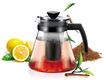 Avilia Teiera con Filtro in Vetro Borosilicato - Infusiera Resistente al Calore per Tè, Tisane e Caffè, Due Filtri Diversificati, Lavabile in Lavastoviglie, 1.7L