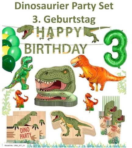 PartyFlamingo® Party Set Dinosaurier für 10 Gäste Party Deko Set Dinosaurier 80 tlg. Dino Zug Teller Becher Platzsets Servietten Geburtstag Kinder Kindegeburtstag (3. Geburtstag)