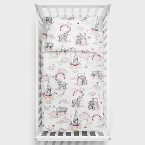 Baby Comfort 2 Piece Bedding Set 135x100 cm Duvet Cover & Pillowcase for Toddler Cot Bed 12M+ (Pink Elephants)