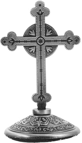 ABOOFAN Retro Metal Gold Crucifix with Adhesive Base Standing Catholic Cross Decoration for Home Office Car Tabletop Religious Ornament