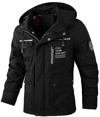 Giacca da Esterno da Uomo con Cappuccio, Tinta Unita, Manica Lunga, Cerniera, Multitasche, Giacca Autunnale da Uomo Cappotto da Elegante