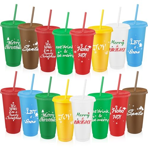 16 Pack Plastic Cups with Lids and Straws, 24 oz Reusable Cups - Water Bottle Drinking Cups for Juice, Coffee, Cold Drinks - Party Supplies (8 Styles)