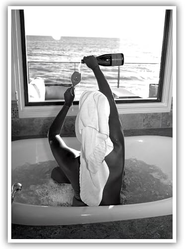 Trendige schwarz-weiße Poster, lustige Frau, die Wein in der Badewanne trinkt, Wandkunst, flippiges Mädchenzimmer, Dekoration, modisch, Vintage-Barwagen, Leinwanddrucke für Mädchen, Wohnheim,