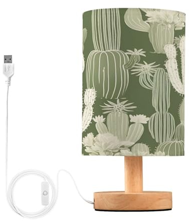 Cgiub Cute Cactus Bedside Table Lamp LED Nightstand Lamp Desk Reading Lamp with Fabric Shade Wood Base & USB Port for Bedroom Kids Room Living Room Office