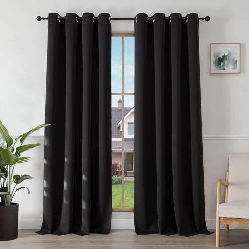 Joydeco Verdunkelungsvorhänge Schwarz mit Ösen 2er Set H 240 x B 140 cm, Vorhänge Blickdichte 240 cm Lang für Wohnzimmer Schlafzimmer
