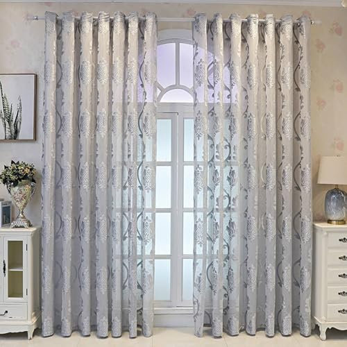 Wycian Küchengardinen Modern Gardinen 2er Set Silber Voile mit Jacquard-Blumenmuster H214 x B102 cm (2er Pack) Polyester