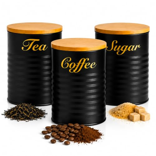 LENAK Tea Coffee Sugar Canister Set - Labelled Containers for Tea Coffee Sugar Tins Jar Sets for Kitchen Accessories & Essentials (Black 3 Pieces)