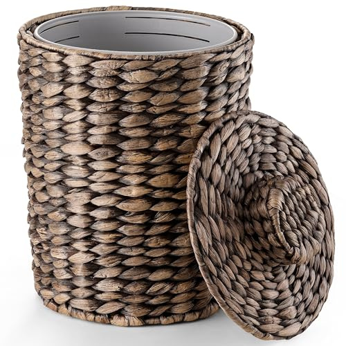 Tidita Abfallkorb aus Wasserhyazinthe, mit Deckel im Boho-Stil, geflochtener Abfalleimer für das Badezimmer, Schlafzimmer und Küche, herausnehmbarer Einsatz, handgeflochten, 7,6 l, Schwarz