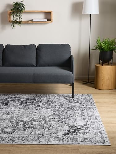 Interiyou Vintage Teppich Wohnzimmer Gent - 240x340 cm Anthrazit - Für Schlafzimmer, Esszimmer, Kinderzimmer - Kurzflor waschbar und rutschfest, Print Muster