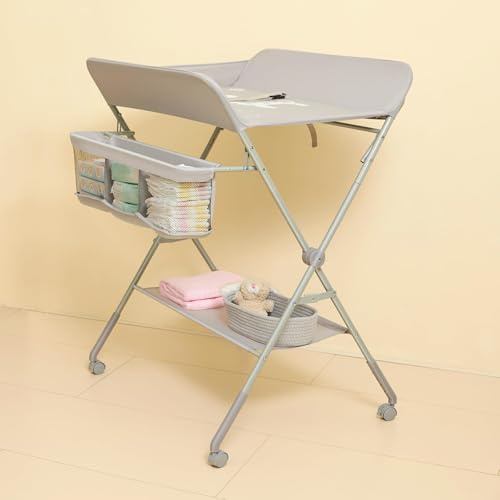 Wickeltisch mit Rollen, Wickeltisch Klappbar mit 4-stufiger Höhenverstellung & Ablage für Neugeborene, Kleinkinder 80x63x103cm (Hellgrau)