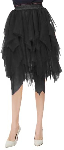 Women Tutu Tulle Skirt Fairy Elastic High Waist Party Midi Skirt Asymmetrical Tutu A-Line Mesh Layered Swing Skirts (Black, S)