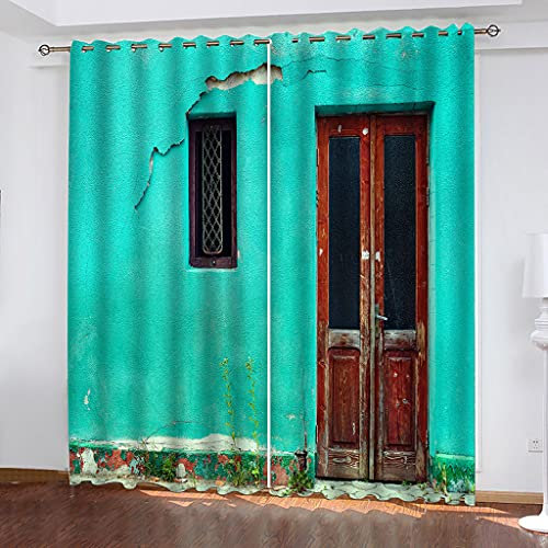 MAYNUO Blickdichte Vorhänge Mit Motiv 3D Retro Blaue Wand Kinder Gardinen Ösen Gardine Thermo 280x160 cm Schlafzimmer Kinderzimmer Vorhange Dekoratives Muster, Verdunklungsvorhänge