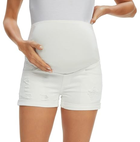 Gowjog Pantalones Vaqueros Cortos De Maternidad Pantalones Cortos De Verano Elástica Jeans Shorts por Embarazadas (Blanco,L)