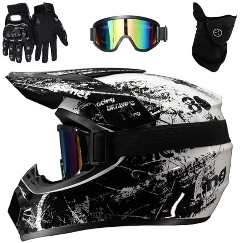 Casco de Motocross para NiñOs, Casco Integral Dot para Deportes Todoterreno, Unisex, para Descenso, MTB, ATV, con Gafas, MáScara Y Guantes(Style 8,M(54-55cm))