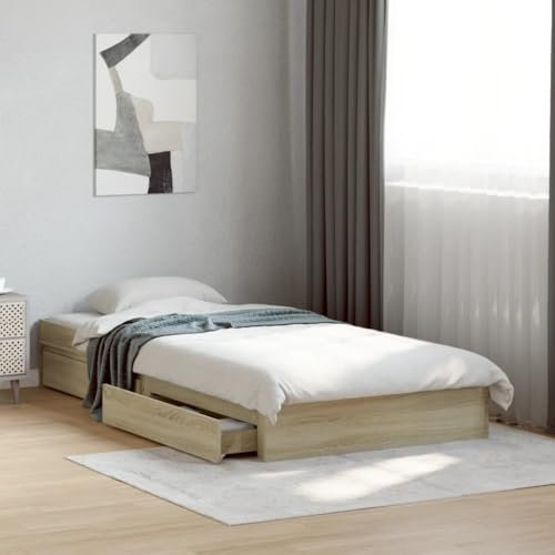 MOBCANT Bettgestell mit Schubladen, Polsterbett Seniorenbett Tagesbett Familienbett Geeignet für Gästezimmer Schlafzimmer Hotel Schulen Sonoma-Eiche 90x190 cm Holzwerkstoff