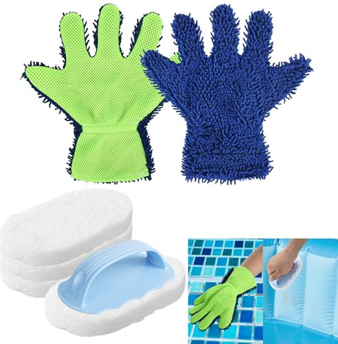 4 Pcs Hand-Held Pool Scrub Brush and 2 Pcs Pool Cleaning Scrubbing Mitt, Pool and Bathroom Cleaning Scrubbing Sponge Pad and Mitt for Cleaning Pools Step Corner Shower Tile Walls Kitchen