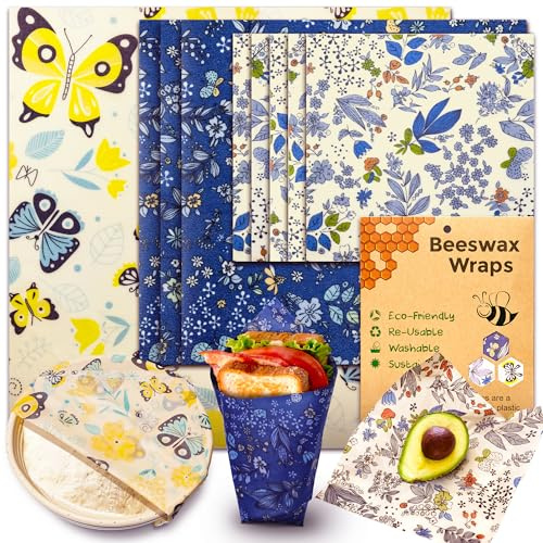 OHIYO Bienenwachstücher, 9 Stück, Bio-Bienenwachstücher, 100% Naturwachs & Bio-Baumwolle, wachspapier für lebensmittel, wachstücher für lebensmittel wiederverwendbar