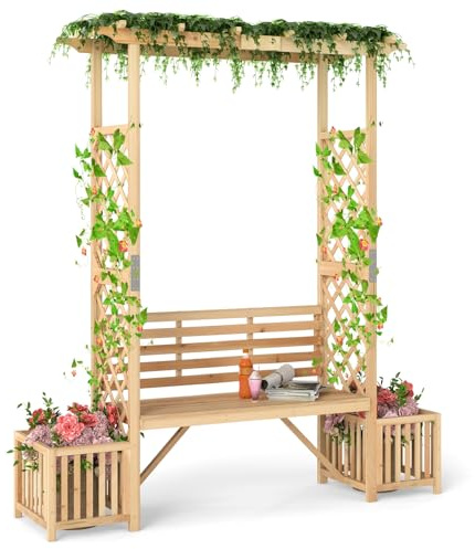 GOPLUS Cenador de Jardín con Banco y 2 Cajas para Plantas, Enrejado de Madera para Plantas Trepadoras y Enredaderas, Pérgola Exterior para Asientos de 2 Personas, para Porche, Patio, Natural