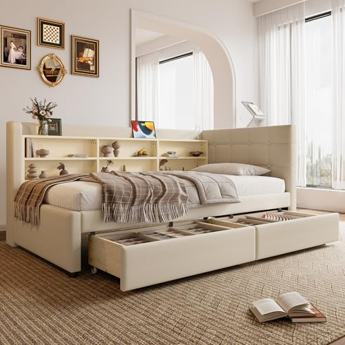 Kebnor Daybett,90 * 200cm(180 x 200 cm),Schlafsofa,multifunktionales Ausziehbett-Design,USB+TypC,mehrere Ablageflächen, Bett mit Lattenrost(ohne Matratze), Leinen (beige mit 2 Schubladen)