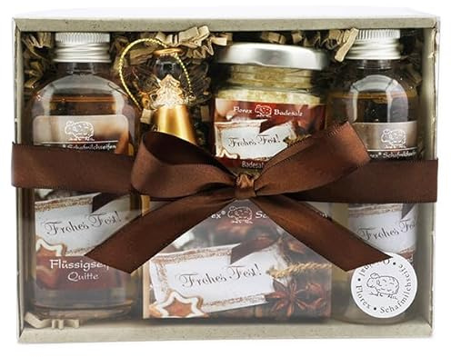 Geschenkset für Weihnachten Pflegeset Weihnachtszeit mit 100g Schafmilchseife, 75ml Flüssigseife, 40g Badesalz und 75ml Duschbad in der Geschenkbox -aus Schafmilch - Duft wählbar (Quitte)