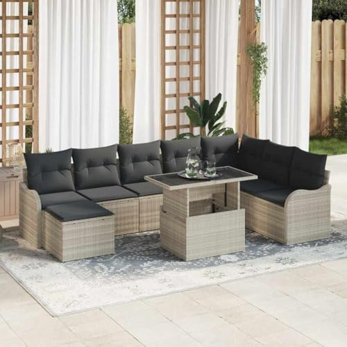 Teenpull Garten-Sofa-Set mit Kissen, 9-teilig, Hellgrau Poly Rattan, modulares Outdoor Loungesofa mit Tisch für Terrasse & Balkon