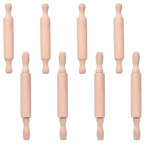 Mattarello piccolo, confezione da 8 piccoli mattarelli in legno per bambini, con 2 rulli e manico antiaderente, per bambini, in cucina, biscotti, pasticcini, Pasqua, 14 cm/20 cm di lunghezza