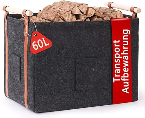 Pynhoklm® Kaminholzkorb 60L Holzkorb für Kaminholz 4mm dicker Filzkorb Brennholzkorb Kaminkorb mit Holzgriff Feuerholzkorb Korb