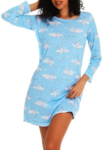 MIA LUCCE Camisón de manga larga para mujer, camisones, ropa de noche de algodón, camisa de dormir, vestido de dormir, vestido de casa, camisón para mujer suave y ligero, ropa de descanso, vestido de