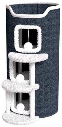 Kratztonne mit Plüschbällen und Klettergerüst, mit Vier Ebenen, stabil und ideal für Haushalte mit Mehreren Katzen. Durchmesser 40 cm, Höhe 85 cm, dunkelgrau.