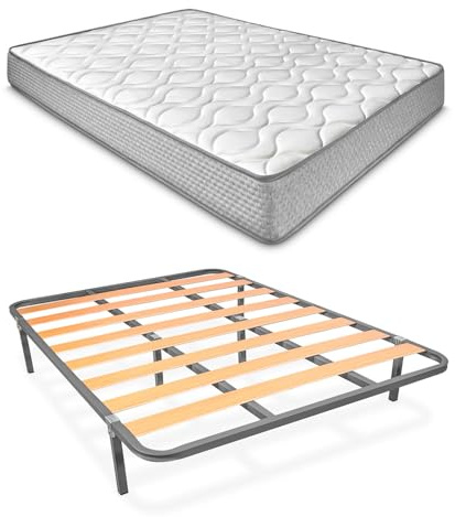 amuéblate Online - Cama Completa con Colchón Carla Reversible + Somier de Láminas Basic con 6 Patas Abrazadera, 135 x 190