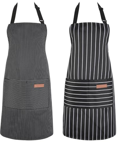 Livdouyu 2 Stück Schürze Kochschürze Verstellbare Küchenschürze mit Taschen | Frauen und Männer Kittelschürze,Baumwolle Schürze,gestreiftes Design,zum Kochen, Malen, Backen, Hausarbeiten