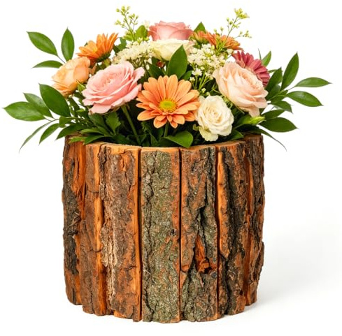 Veemoon Vaso da fiori rustico in corteccia di legno, grande diametro interno 17 cm, vaso vintage per interni ed esterni, decorazione per la casa e piante grasse