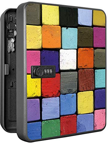 banjado Burg-Wächter abschließbarer Schlüsselkasten für 36 Schlüssel - Schlüsselkasten mit Zahlenschloss 24x30x8cm groß - Schlüsselschrank aus Stahlblech schwarz - Motiv Bunte Kreide