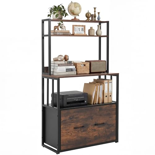 YITAHOME Aktenschrank mit Schublade und Bücherregal für A4 rustikales Braun | Briefe, Rechtsakten, Metall-Aufbewahrungsschrank, Druckerständer für Büro, Schule, Zuhause, Organisation