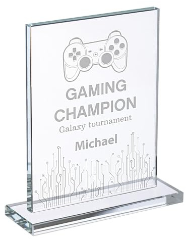 Wanapix | Trophée Personnalisé avec Nom et Texte | Verre Gravé (échelle de Gris) | Trophée Personnalisé | Boîtier de Rangement Inclus | Rectangulaire | Joueur