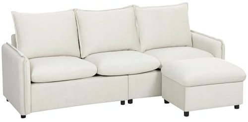 HOMCOM Divano Angolare 3 Posti Divano ad Angolo Modulare in Tessuto Effetto Pelle Traspirante 212x125x84 cm con Contenitore Poggiapiedi Rimovibile e Cuscini, Divano a L Reversibile per Salotto, Crema