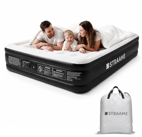 Straame Double Air Bed, Built-in Pump, Flocked Top, 196 x 145 x 47cm, Black