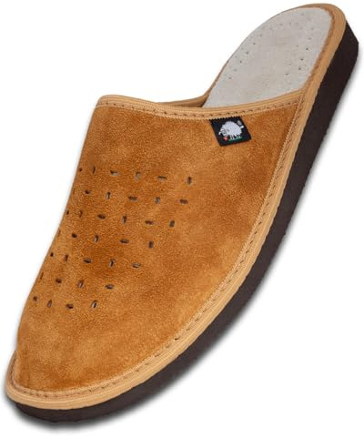 FOOTHUGS Men's Slippers Memory Foam Plantar Fasciitis Orthotic Leather Mens Mule Slippers | Arch Support Slippers For Men | Regular Fit (10UK/44EU, Carmel)