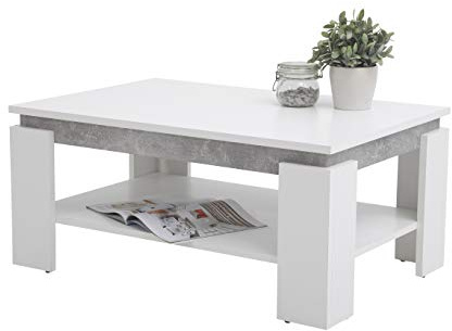 Hela Tische, Couchtisch Sofatisch Tim, Holzwerkstoff melaminbeschichtet, farbiger Tischkranz, Weiß/Betonoptik, große Ablage, 90x60x41cm