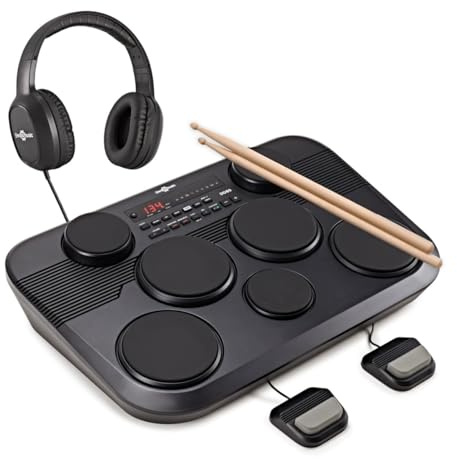 DD80 Tragbares E-Drum-Pad-Set mit Kopfhörer von Gear4music | 273 Sounds, 45 Kits und 100 Begleittracks, leise üben mit den inklusive Kopfhörern, eigene Kits speichern