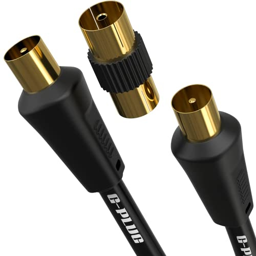G-PLUG 1m TV-antennkabel Hane-Hane, Koaxialkabel för TV och DVB-T2 | Svart, rak, med guldpläterade IEC-kontakter och hona-till-hona-adapter; för TV, digitalbox, DVB-T/T2 och FM/DAB-radio