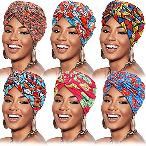 6 Piezas Turbantes Africanos de Mujeres Envoltura de Cabeza Gorro de Nudo Pre-Atado de Flor (Flor Amarilla Púrpura)