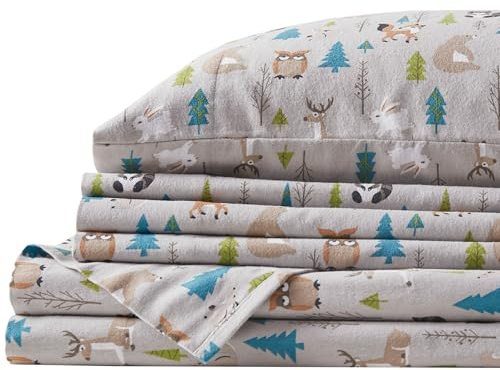 Comfort Spaces Cotton Flannel Sheets Twin Size, Ultra Soft Flannel Sheet Set with 12 Elastic Pocket , Novelty Print Warm Flannel Bedding, Multi Forest Animals 3 Piece